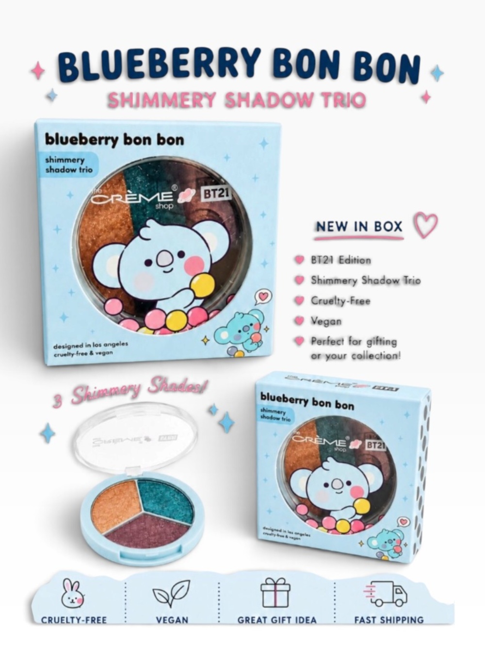 The Crème Shop x BT21 KOYA Blueberry Bon Bon Shimmery Shadow Trio NIB